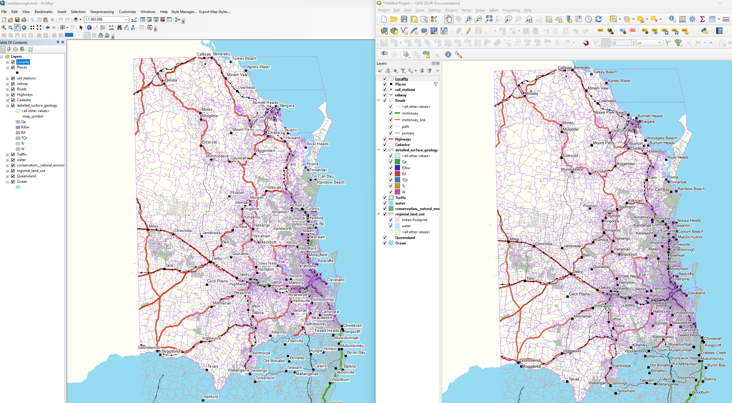 Example of added layers from MXD to QGIS