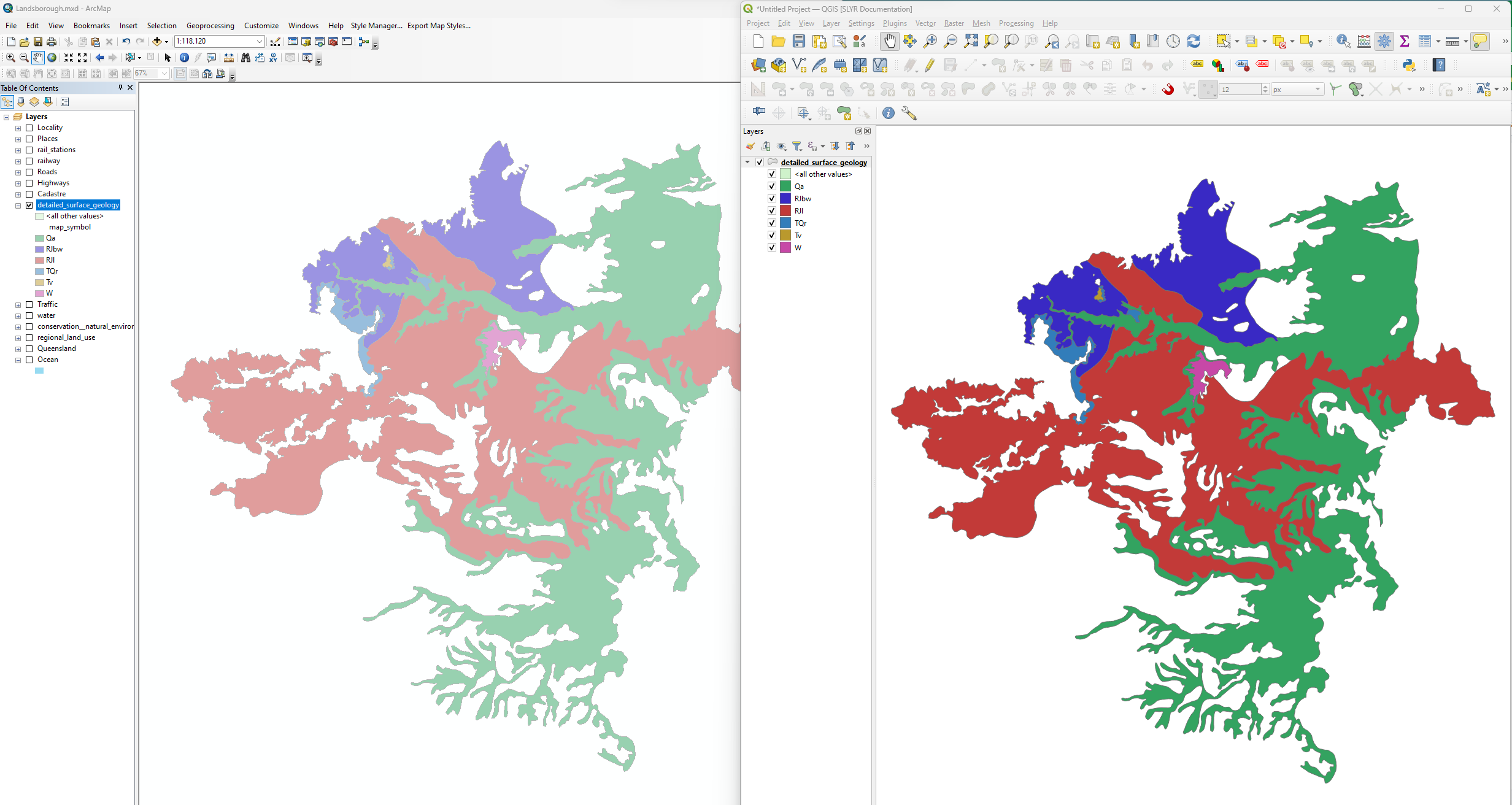 Detailed Geology in QGIS and ArcMap using set style from layer tool